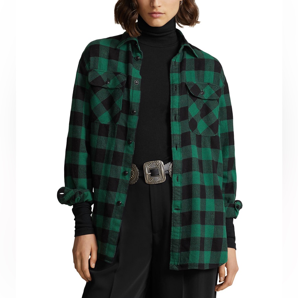 Polo Ralph Lauren Hpx2green And Black Buffalo Check Oversized Flannel Shirt